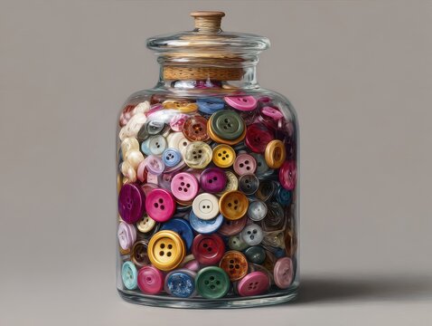 Vibrant collection of colorful assorted buttons fills glass jar with cork lid, evoking creativity and crafting inspiration