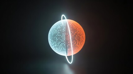 Sci-fi planet graphic with a ring. The planet is split in half, one side blue, the other orange.