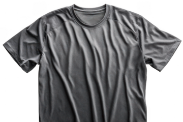A gray, short-sleeve, crew-neck T-shirt with a textured fabric and visible stitching details.