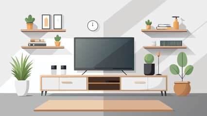 Modern living room interior design with TV, plants, and shelves for a relaxing and comfortable atmosphere