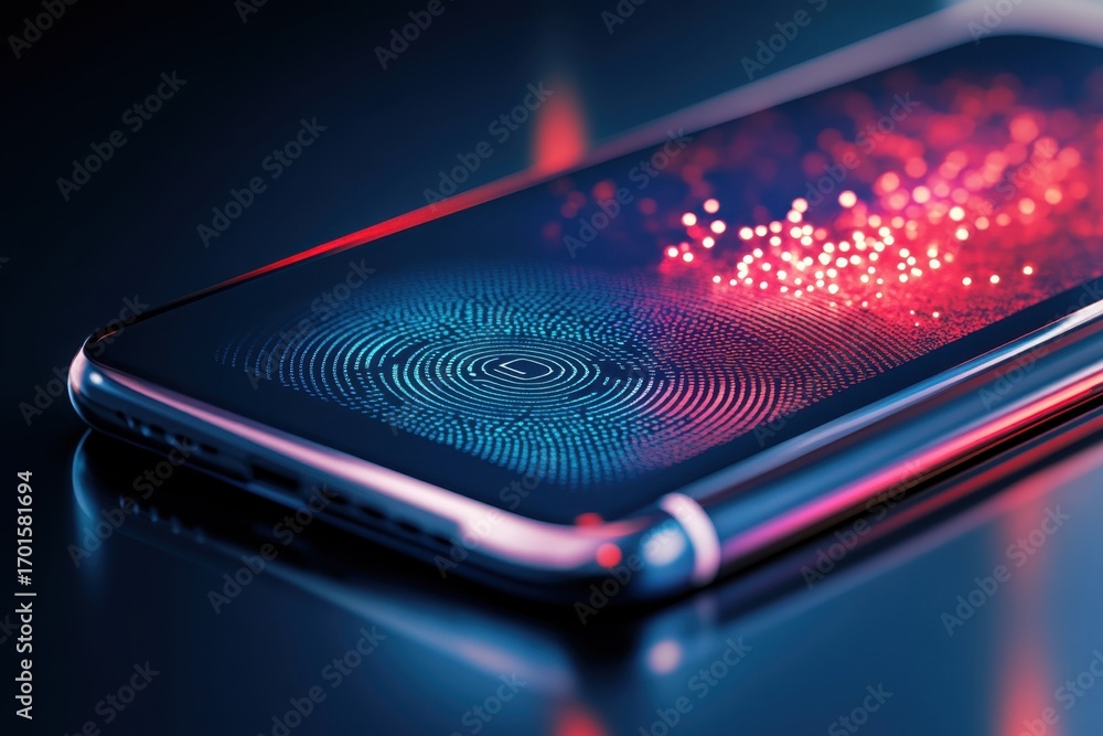 Poster trendy smartphone display with vibrant fingerprint sensor and digital effects