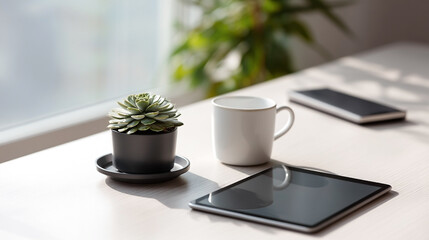 Serene workspace featuring a succulent, coffee mug and digital devices in sunlight