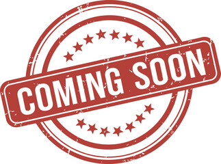 Red Grunge Coming Soon Stamp with Stars Circular Retro Design