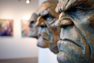 Close Up View Of Three Angry Bronze Sculptures In Art Gallery