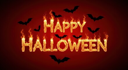 A fiery happy halloween text with bats a dark red, creating a spooky and festive atmosphere for halloween celebration and party invitation