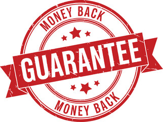 Red Money Back Guarantee Rubber Stamp Circle with Stars on White Background