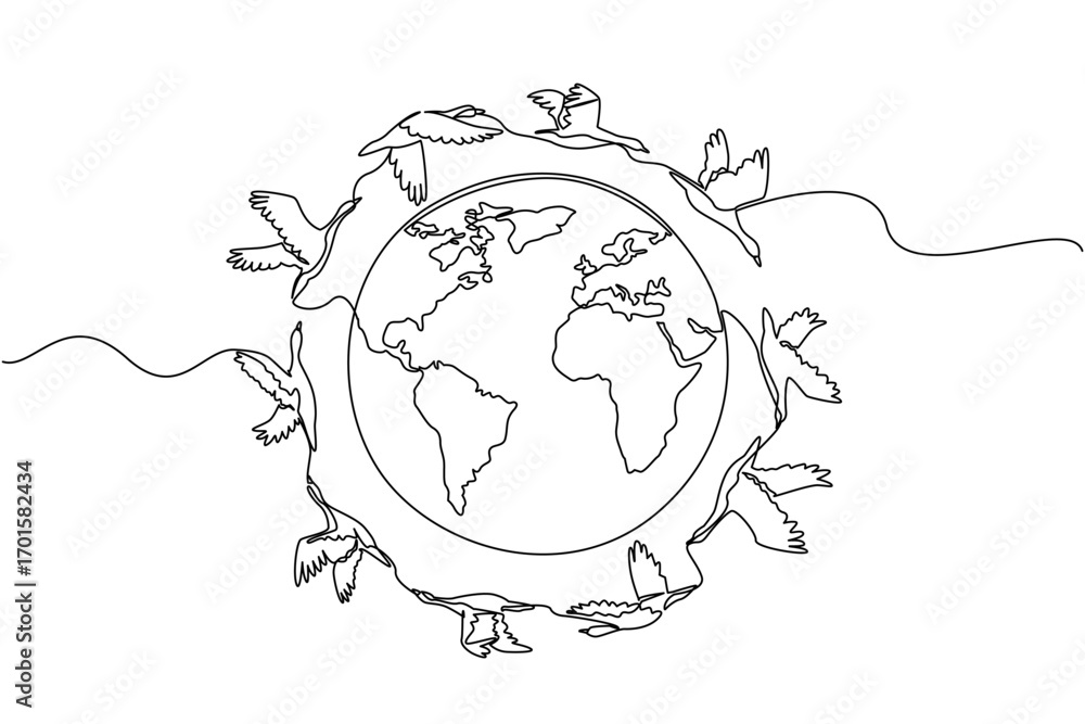 Poster single one line drawing goose flies mass around globe full. go in groups to avoid predatory birds. a