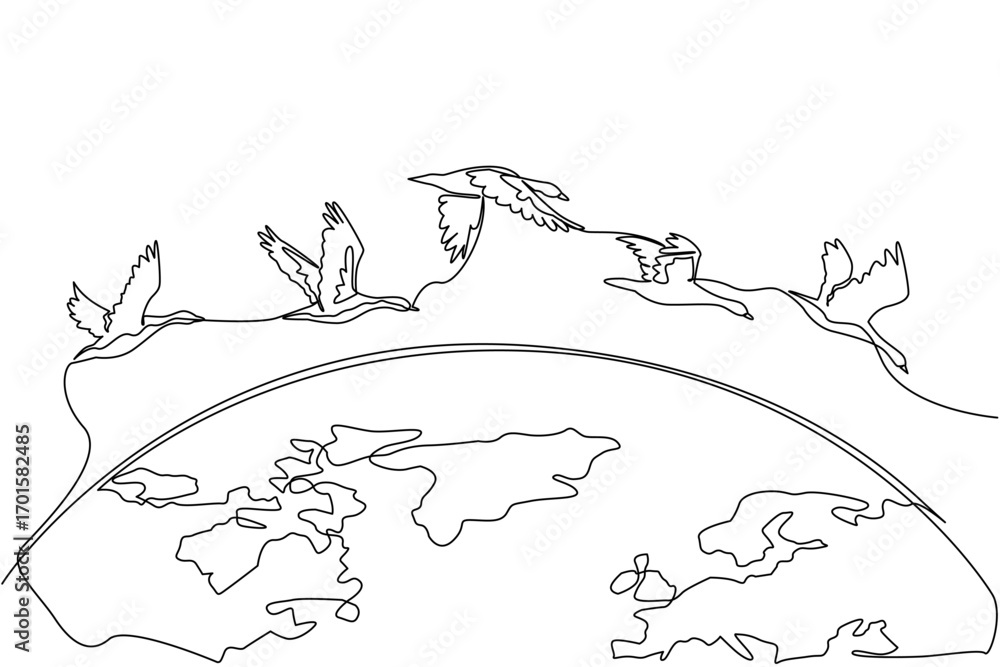 Poster continuous one line drawing goose mass flight across half the size of the globe. go in groups to avo