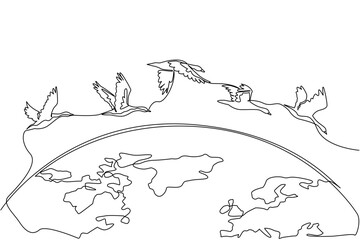 Continuous one line drawing goose mass flight across half the size of the globe. Go in groups to avoid the winter. Adaptation. World Migratory Bird Day. Single line draw design vector illustration © Simple Line
