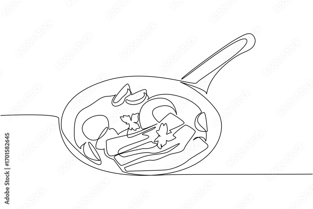 Poster single continuous line drawing fried egg with sliced ​​meat, sliced ​​tomatoes and celery leaves on 