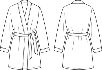 Bathrobe fashion sketch, technical garment drawing, flat vector illustration, clothing template, CAD apparel design, sewing pattern, shawl collar, belt detail