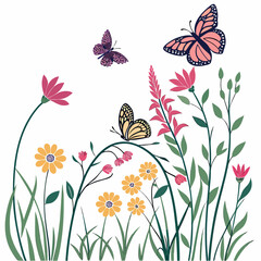 Colorful butterflies fluttering among wildflowers and greenery