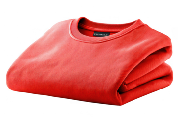 A neatly folded, vibrant red crew-neck sweater made from soft knit fabric.