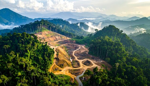 A vast expanse of lush rainforest is dramatically contrasted by cleared areas, showcasing deforestation in a mountainous region.