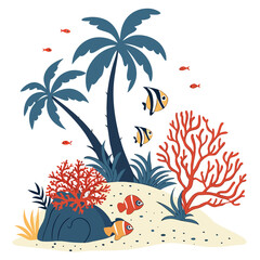 Tropical underwater scene with palm trees coral and fish