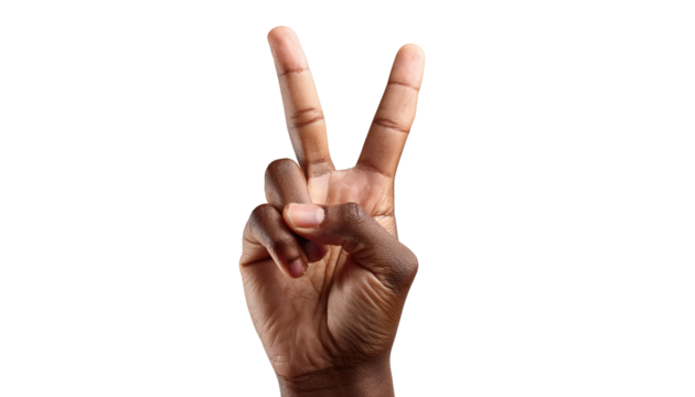 A human hand with two fingers up forms a victory sign, a gesture of peace and success.