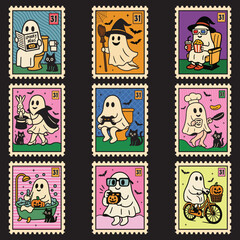 collection of  Halloween Ghost Stamps, Retro Spooky Ghost  Clipart, Cute Halloween Stamp Illustrations, Halloween Party Decor design sublimate