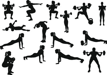 Silhouette vector of women performing various weightlifting, bodyweight exercises, fitness workouts, gym training, strength routines, kettlebell, push-ups, and athletic conditioning in black