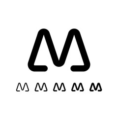 Technical letter M, digital cyber alphabet font, including set of five different thicknesses of the trendy modern letter (light, regular, medium, bold, thick), vector illustration 10EPS