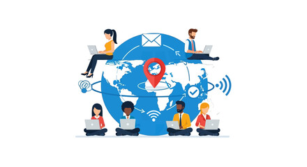 Global team collaboration, remote workers connected via internet.