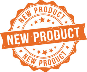 Obraz premium Round Orange Stamp with 'New Product' Text and Star Icons Grunge Texture Style