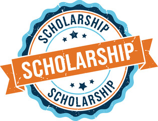 Obraz premium Round Scholarship Seal with Stars, Orange Ribbon, Blue Edges, and White Background