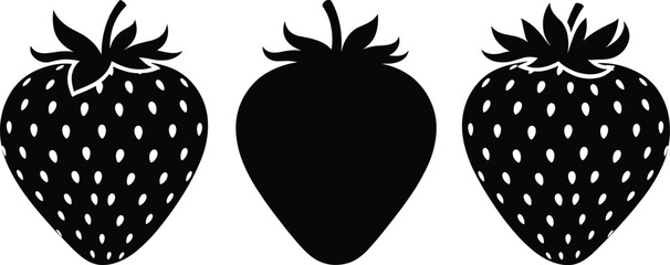 Vector silhouette of three strawberries with seeds and leaves, fresh fruit illustration, healthy organic food icon, sweet berry design in black and white