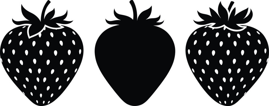 Vector silhouette of three strawberries with seeds and leaves, fresh fruit illustration, healthy organic food icon, sweet berry design in black and white
