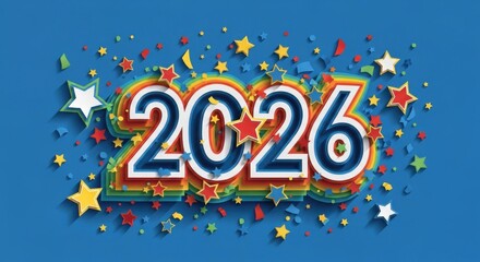 2026 numbers with rainbow layers and scattered colorful stars and confetti on blue background new year
