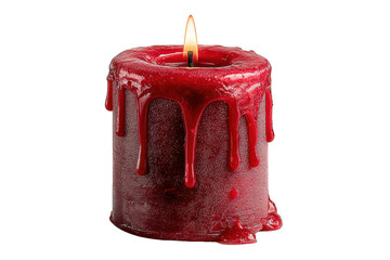 A red candle with melted wax dripping down its sides and a bright flame burning steadily at the top.
