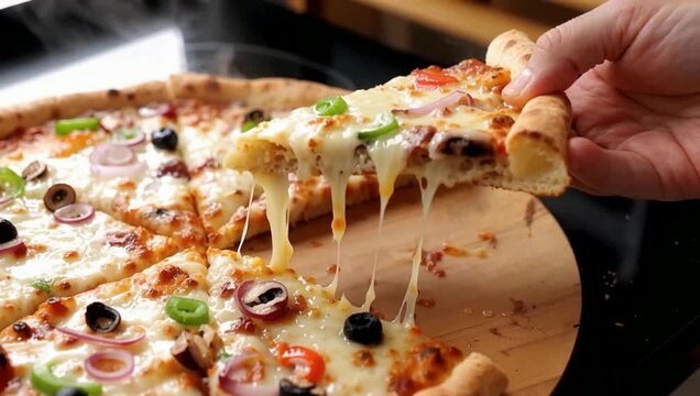 A hand lifting a delicious hot slice of vegetarian pizza with an incredibly satisfying and stringy cheese pull