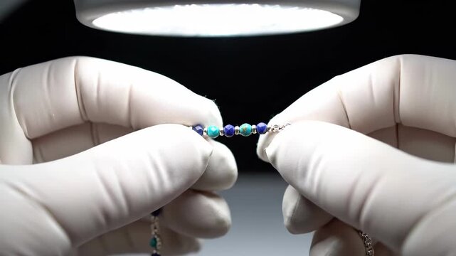 Professional artisan's hands in white gloves meticulously inspecting a delicate handmade beaded bracelet under a bright inspection light