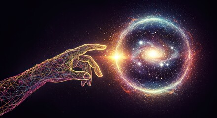Wireframe hand touches a glowing sphere containing a galaxy against a dark background.