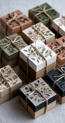 Square wooden coasters, various colors, tied with twine, botanical design