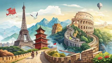 World landmarks collage featuring eiffel tower colosseum great wall and pagoda
