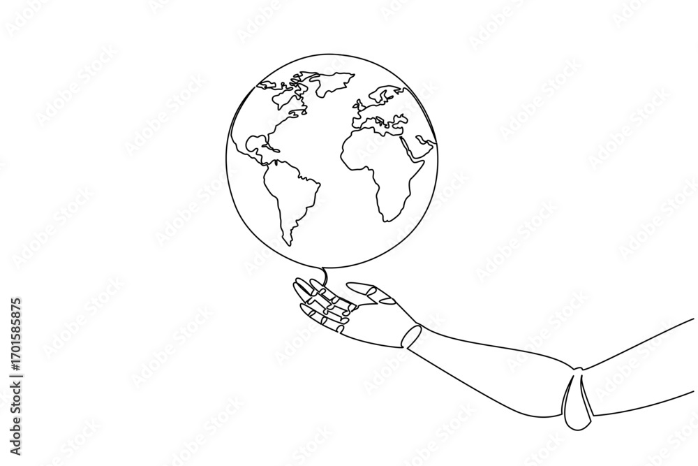 Poster continuous one line drawing robot hand with globe on top. artificial intelligence robots will fill t