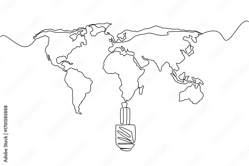 Poster single one line drawing the bottom of the bulb with the world map on top. simple technology that can