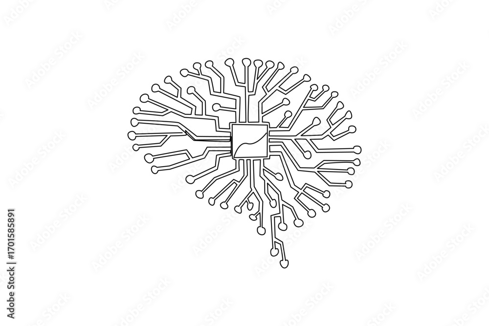 Aufkleber single continuous line drawing brain shaped circuit board. artificial intelligence technology. brain