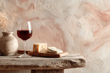 Glass of red wine with assorted cheese on rustic wooden table and pastel wall