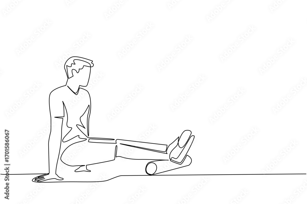 Poster single one line drawing a man exercising using a foam roller. handling of minor injuries. highly com