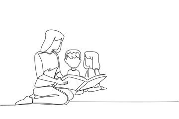 Continuous one line drawing a female babysitter sits on the floor reading book to a boy and a girl. The nanny doing her job wisely. National Babysitter Day. Single line draw design vector illustration