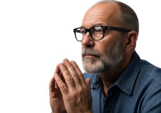 Older caucasian man, grey beard, glasses, indigo linen shirt, contemplating, hands pressed, high-key studio, white copy space. Concept of wisdom and introspection
