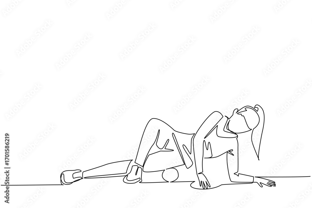 Poster single continuous line drawing a woman exercising using a foam roller. demonstrate movements to rela
