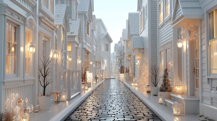 3d miniature cityscape with cobblestone street, old houses, and lanterns on white background