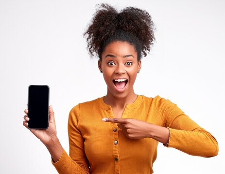 face woman pointing finger hand on smartphone with surprised and excited portrait girl american african expression on white background