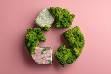 Moss-textured infinity recycle symbol on marble surface with pastel background