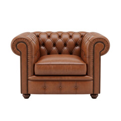 Classic brown leather chesterfield armchair isolated on transparent background