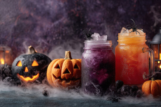 Halloween party drinks with smoky dry ice and glowing pumpkin lanterns on purple wall