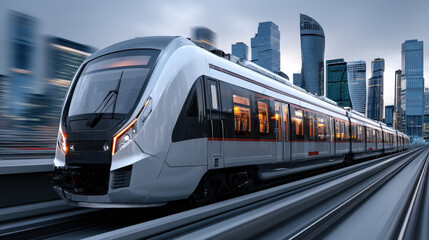 Naklejka premium Modern commuter train crossing elevated city bridge with skyscrapers in daylight
