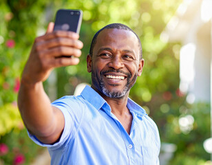 middle aged man handsome african american make selfie in home alley garden guy happy with smartphone